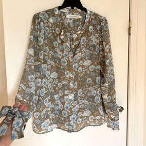 Floral Blue & Khaki Button Down Blouse w/ Bow on Sleeves Contemporaine (Simons)